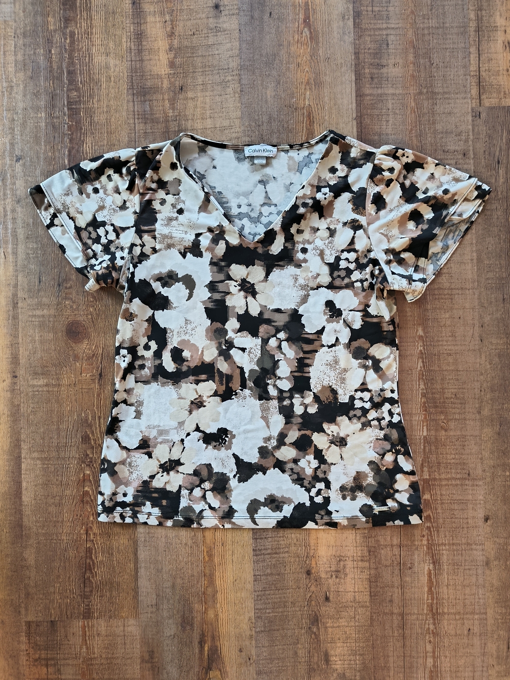 Calvin Klein Black Brown White Abstract Bold V Neck Short Sleeved Blouse Size M